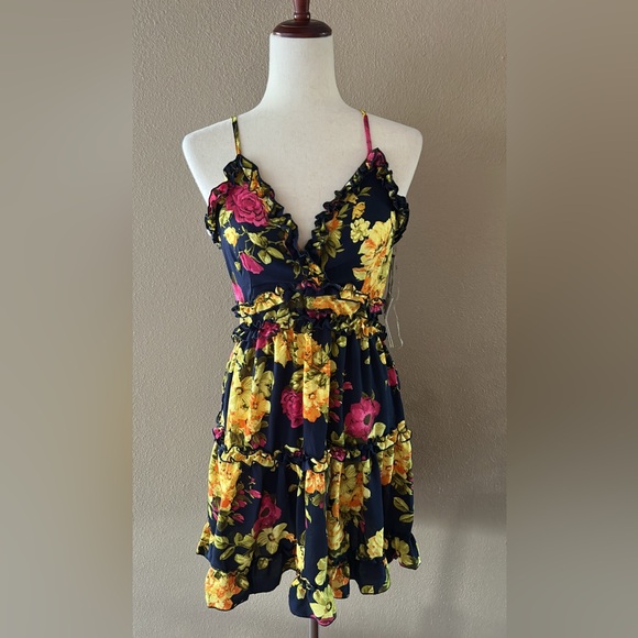 Floral Navy Print Women's Dress - Picture 3 of 8